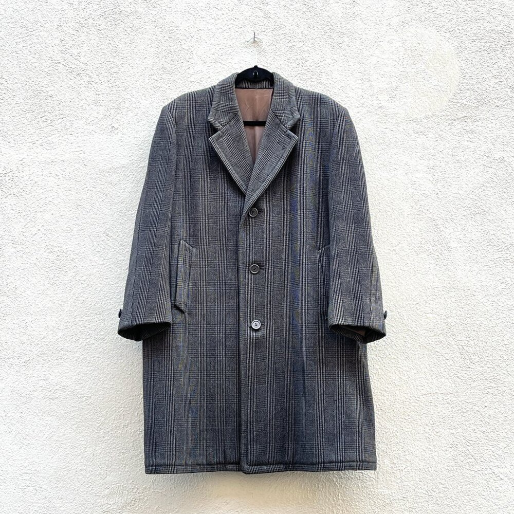 Vintage 50s 60s Men's Black and Gray Plaid Heavy Duty Overcoat Coat Large